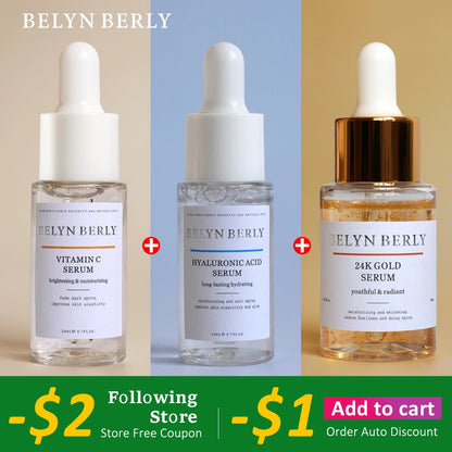 BELYN BERLY Face Serum 3Pcs/Lot Hyaluronic Acid + Vitamin C + 24k Gold Serum Moisturizing Spot White Facial Serum