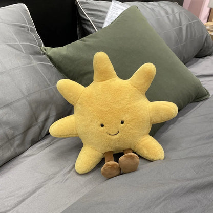 Adorable Smile Face White Moon Yellow Sun Plushie Stuffed Cute Cartoon Weather Plush Toy for Kid Bedroom Decor Sofa Throw Pillow