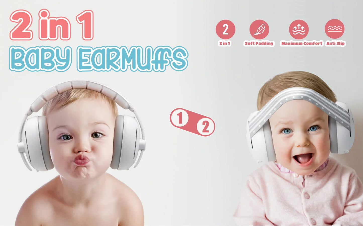 2-in-1 Baby Ear Muffs for Hearing Protection Noise Cancelling Earmuffs for Babies 2 Headbands Travel Essentials for Airplane