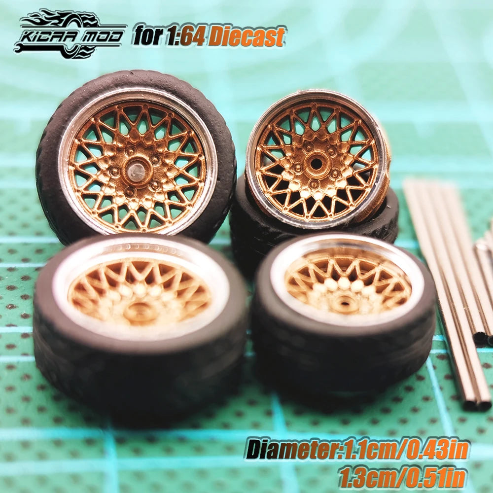 Kicarmod 1/64 Model Car ABS Wheels with Rubber Tire Metal Rims Front Small Rear Large Refitting Parts For Model Car Hot Wheels