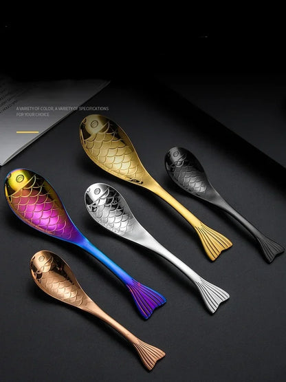 304 stainless steel spoon spoon creative fish-shaped cartoon fish spoon dessert spoon rice spoon gold-plated  stirring spoons