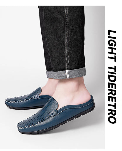 Closed Toe Half Shoes for Men Black Blue Mules Slippers Slip on Genuine Cowhide Leather Luxury Flat Sandals Man Summer 2025