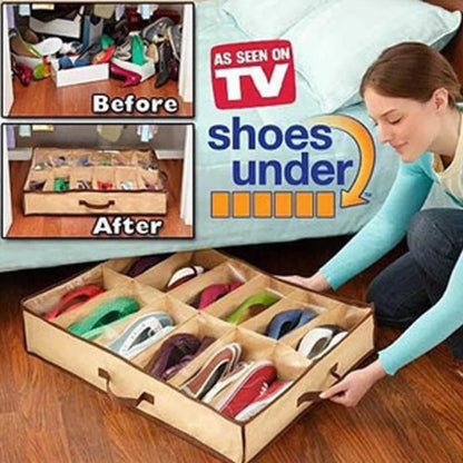 Under Bed Shoe Organizer with 12 Transparent Compartments - Dustproof & Moisture-Proof Storage Solution for Home Organization