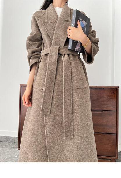 Office Lady Woolen Jackets 2024 Autumn And Winter Bathrobe Style Pocket Double-Sided Loose Lace -Up Tie Women's Long Wool Coats