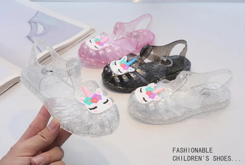 New Child Sandal Cute Girl Boy Beach Cave Shoe Transparent Glitter Jelly Crystal Kid Princes Shoe Breathable Roman Beach Sandal