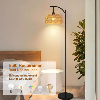 Floor Lamp Living Room,E27 Industrial Metal Floor Lamp,Black Floor Lamp,Rattan Weave Floor Lamp for Bedroom(Without Bulb)