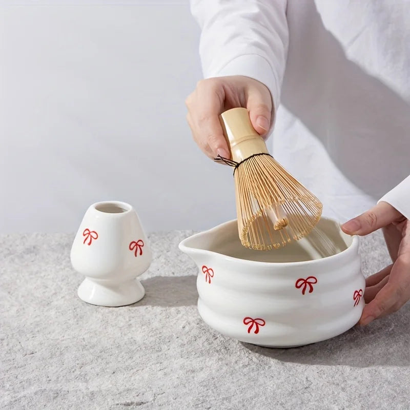5 pieces of white bow decal ceramic matcha set, matcha set includes matcha bowl, matcha mixer and holder, bamboo spoon, sieve