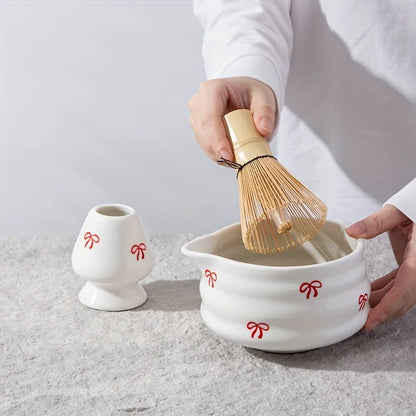5 pieces of white bow decal ceramic matcha set, matcha set includes matcha bowl, matcha mixer and holder, bamboo spoon, sieve