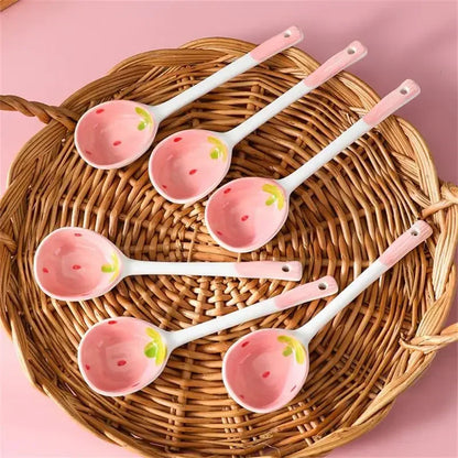 Strawberry Long Handled Ceramic Spoon Cute Household Stirring Spoon High Appearance Spoon Children's Soup Spoon