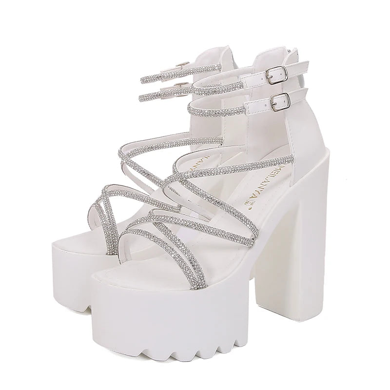 Car Model Catwalk Banquet Performance Women's Shoes 16 Cm Waterproof Pole Dance Crystal 15CM High Heel Chunky Sandals