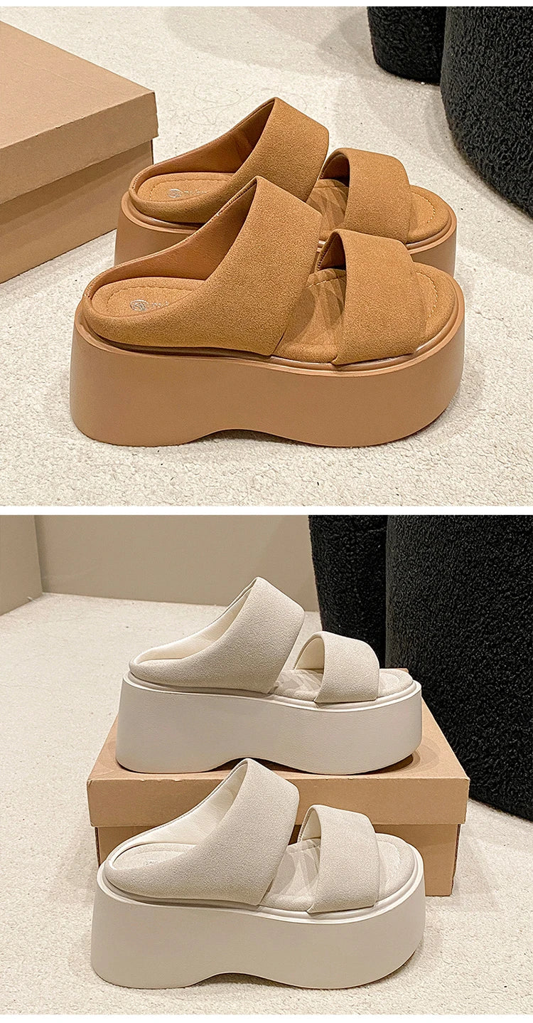 Summer 2023 Chunky Sandals Women's Thick Bottom Wedge Heels Slides 8CM High Heels Platform Leather Casual Beach Flip Flops Woman