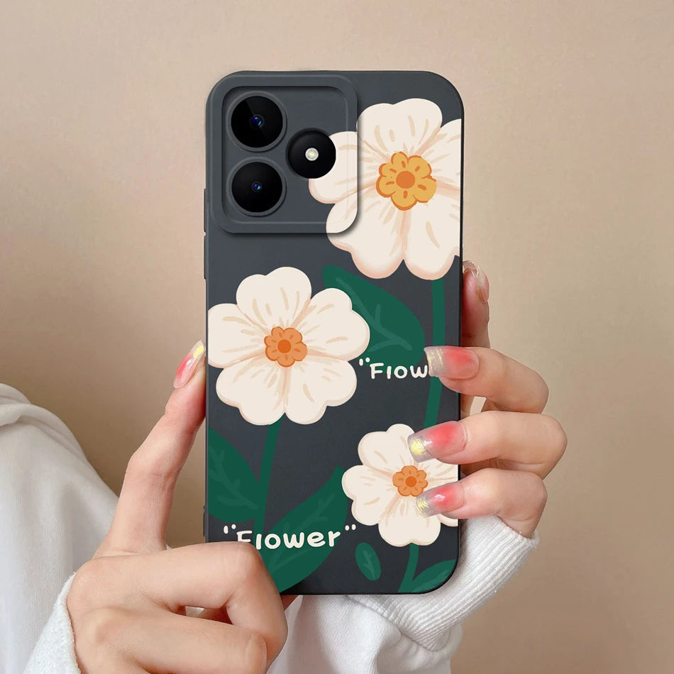 Case For Realme Note 50 Flower Painted Upgrade Lens Protection Soft Back Cover Model RMX3834 Liquid Silicone Phone Protectors