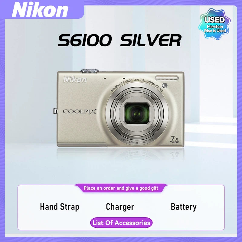 Nikon COOLPIX S6000 S6100 S6200 Portable Small Card Digital Camera 10X Optical Zoom Lens 16.00MP 720P HD Video Cameras（Used）