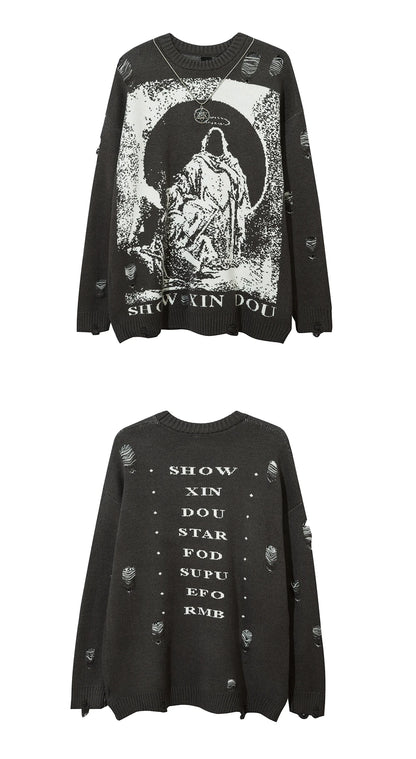 With Necklace Ripped Oversized Sweaters Frayed Knitted Black Goth Men Y2k Grunge Women Vintage Sweater Harajuku Tops Pullovers