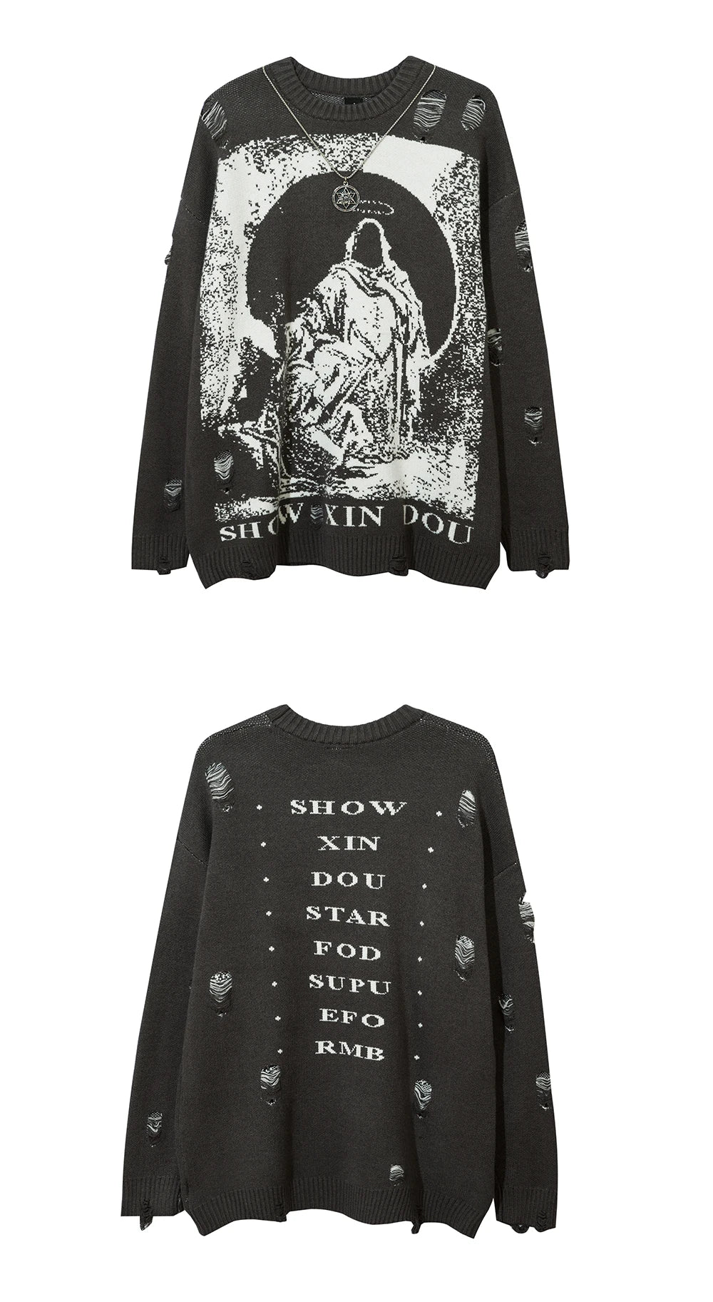 With Necklace Ripped Oversized Sweaters Frayed Knitted Black Goth Men Y2k Grunge Women Vintage Sweater Harajuku Tops Pullovers