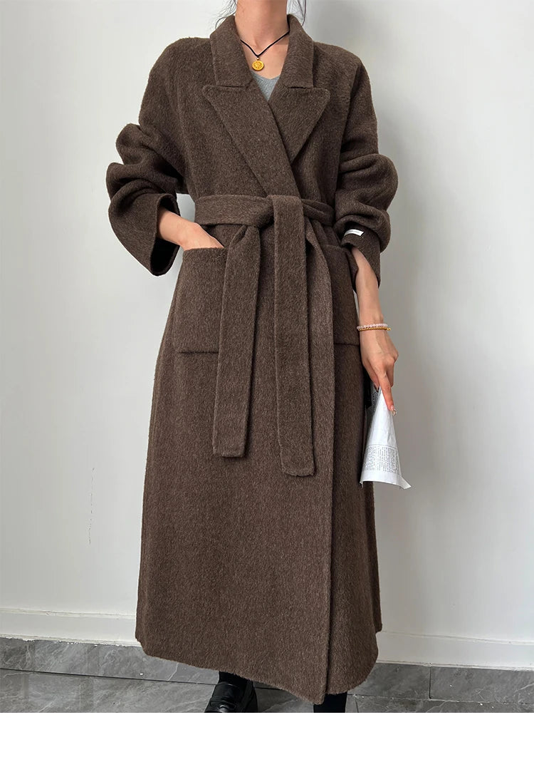 Office Lady Woolen Jackets 2024 Autumn And Winter Bathrobe Style Pocket Double-Sided Loose Lace -Up Tie Women's Long Wool Coats