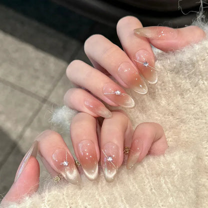 24Pcs Almond Pure Handmade Press On Nails Full Cover Butterfly French Pearl Diamond False Nails Wearable Manicure Nail Tips Art