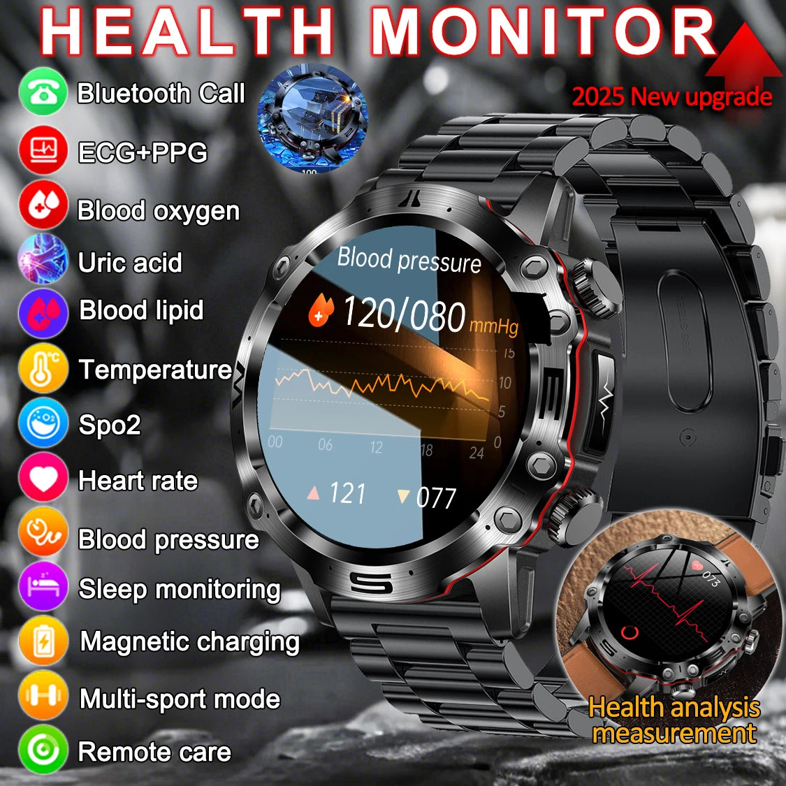 Sapphire 2025New Health managed Smart Watch Health measure Blood Fat Uric Acid Call ECG+PPG blood pressure Health Smartwatch IOS