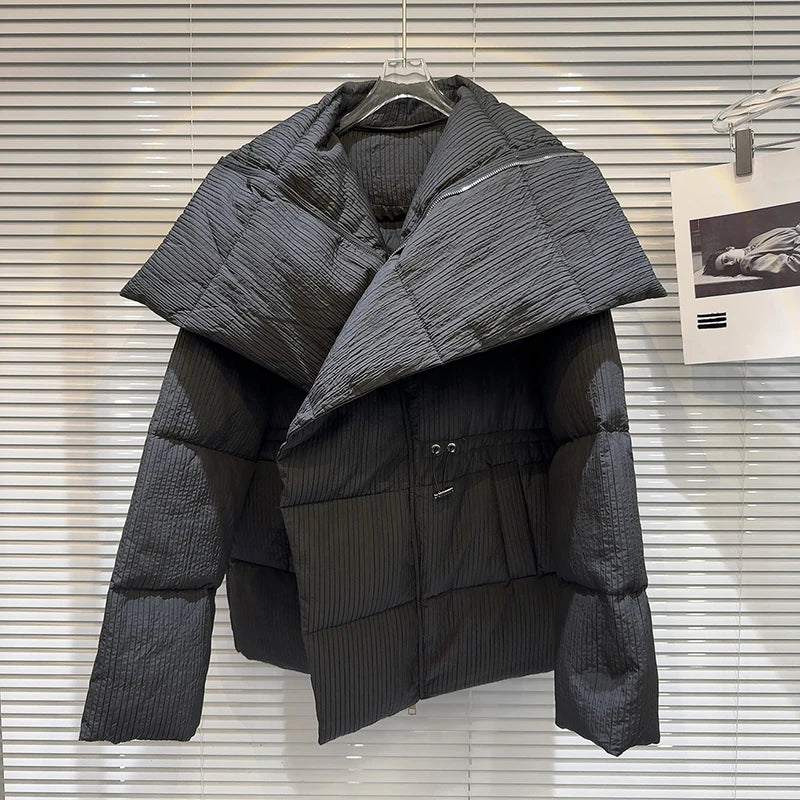 Winter Big Turn Down Collar Long Down Jacket Drawstring Striped Thick Knee Length Overcoat Warm White Duck Down Jacket Women