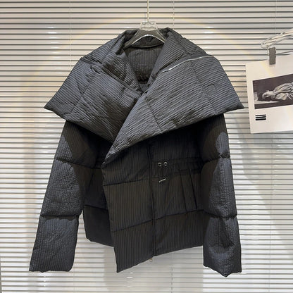 Winter Big Turn Down Collar Long Down Jacket Drawstring Striped Thick Knee Length Overcoat Warm White Duck Down Jacket Women