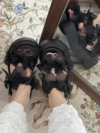 Women's Layered Bow Platform Sandals - Thick Cushioned Sole with Adjustable Ankle Buckle for Summer Casual Wear