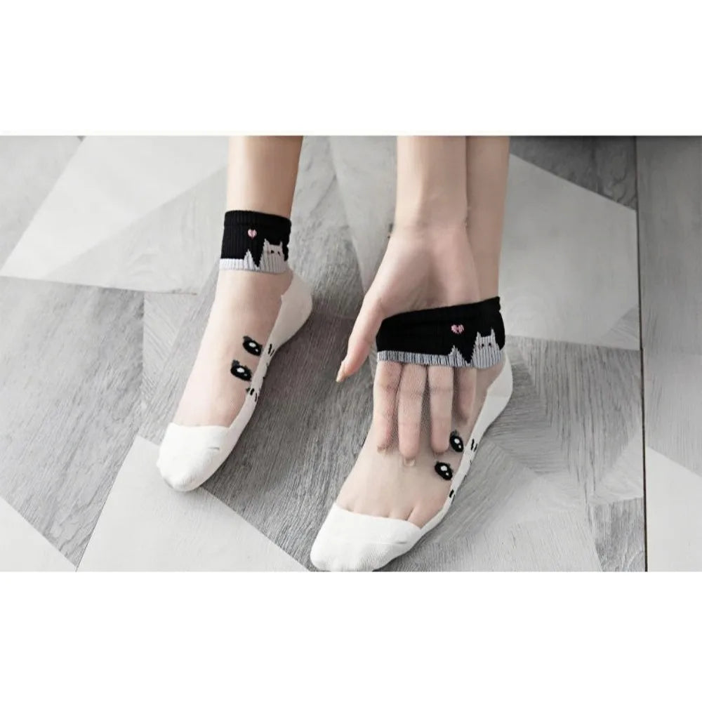 5Pairs Black and white cat women's socks, glass fiber breathable sweat absorbing , wear-resistant and odor proof summer socks