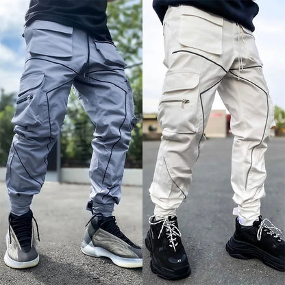 New 2025 Men‘s Casual Cargo Pants Loose Fashion Striped Multi Pocket Sports Fitness Hip Hop Jogger Trousers Male Cargo Pants