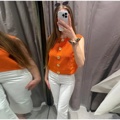 Elegant Unique Button Women's Cardigan Casual O-neck Knitted Single Breasted Sleeveless Blouse Female Summer Lady Office Wears