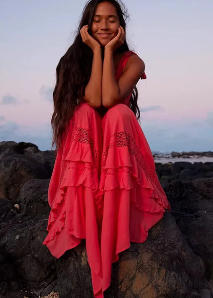 canwedance Summer Beach Dress Sleeveless Cotton Maxi Dresses Boho Style Solid Color Lace Ruffled Sundress Mujer Vestidos