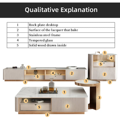 Living Room Furniture Modern Luxury Cabinet TV Stand Stainless Steel +mdf+rock Plate+solid Wood Carton + Wooden Frame Storage