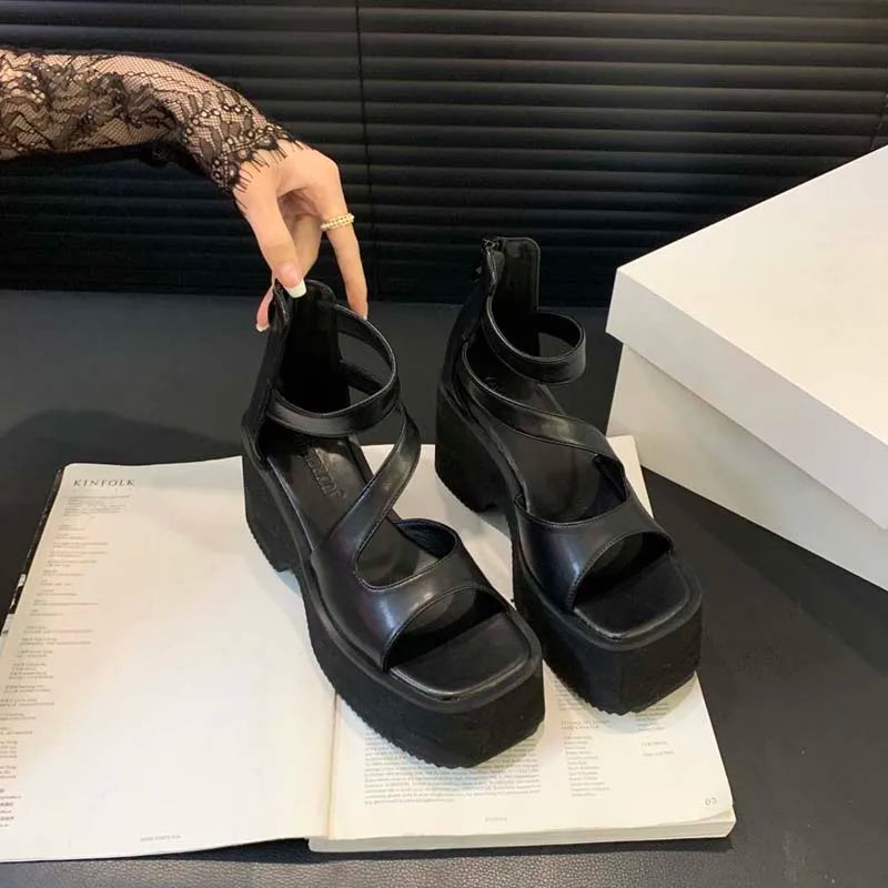 Black Gladiator Sandals Woman Platform High Heels Summer Back Zipper Shoes Punk Chunky Sandals Female Samdalias De Plataforma