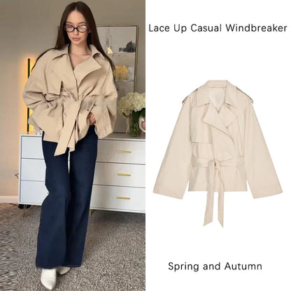 Casual Office Women's Bomber Jacket Chic Lace Up Lapel Collar Full Sleeve Female Coat Spring New Office Lady Outerwear Commuting