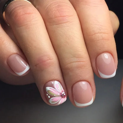 24Pcs Fairy White Flower Fake Nails Pink French Tip Press on Nails Short Square Wearable False Nail for Women Girls DIY Manicure