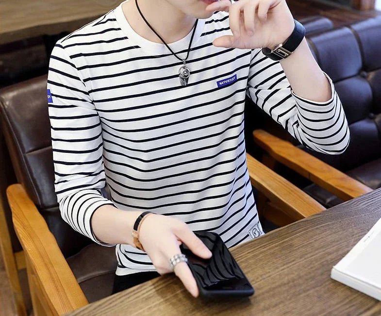 T Shirts for Men Stripe Tops Red Cotton Male Clothes Round Neck Harajuku Fashion Sale High Brand Regular Fit It Full Sleeve Tee