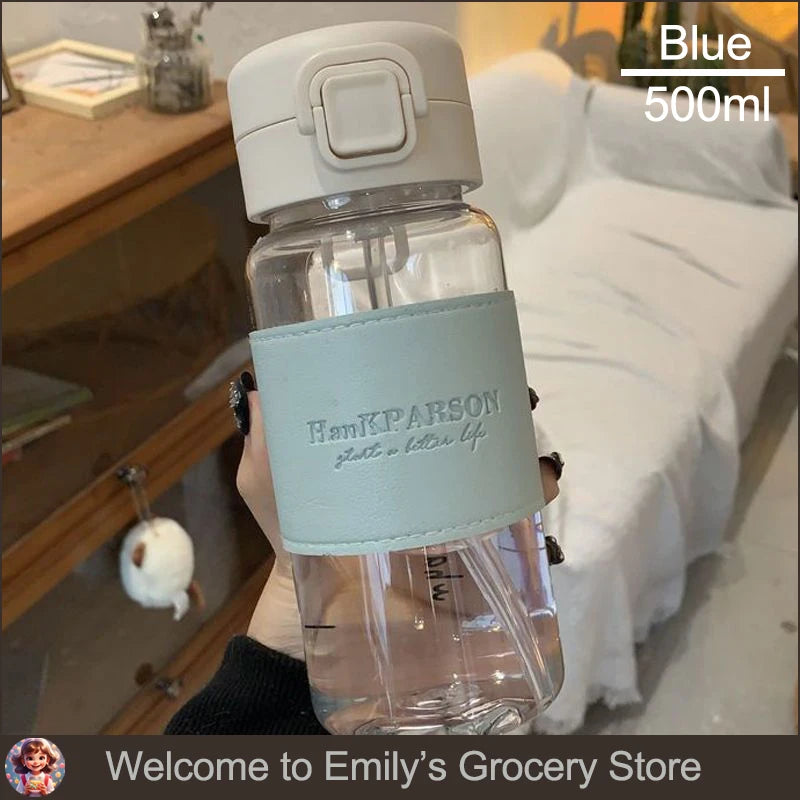 500Ml Portable Plastic Water Bottles with Straw Anti-scalding Leather Case Non-leaking Cute Bottle Outdoor Drinkware