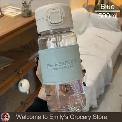 500Ml Portable Plastic Water Bottles with Straw Anti-scalding Leather Case Non-leaking Cute Bottle Outdoor Drinkware