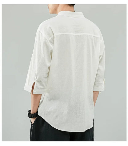 Line Shirt Men's Short-sleeved White Shirt Loose Chinese Style Summer Cotton Linen Casual Jacket Men's Quarter-sleeved Top