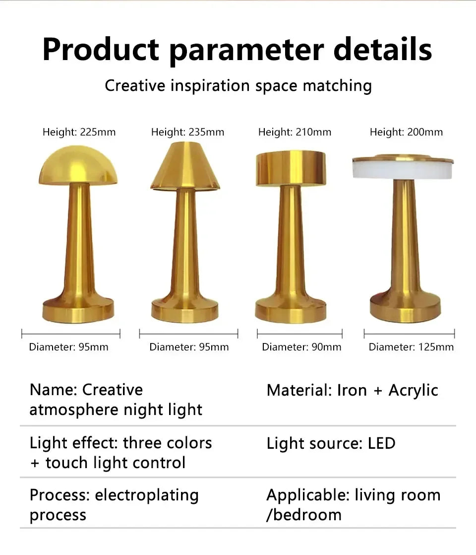 LED Touch Table Lamp Metal Rechargeable Desktop Night Light For Bedroom Restaurant Coffee Bar Study Desktop Decoration Light