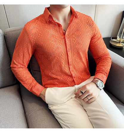 Quality Hollow Shirts For Men Korean Luxury Clothing Fashion Sexy Lace Men's Social Shirt Dress Slim Fit Long Sleeve Prom Tuxedo