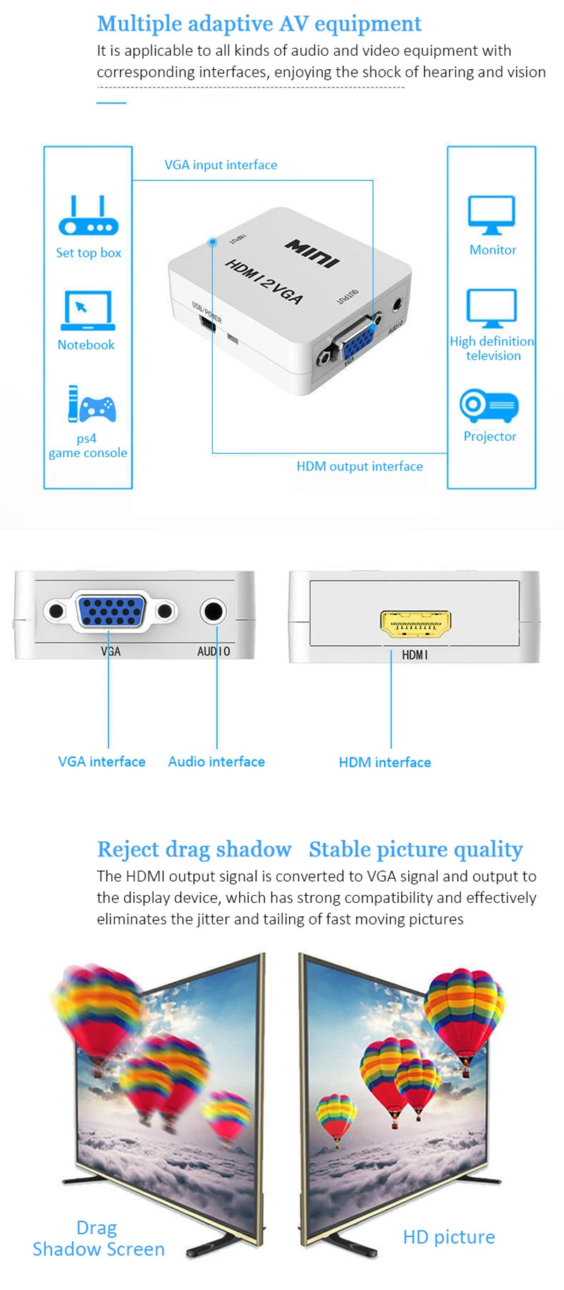HDMI to VGA Converter With Audio VGA to HDMI Converter HDMI Adapter for Notebook Xbox360 DVD PS3 PC HD 1080P TV Box Projector
