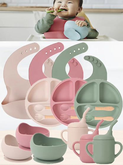 Children's silicone tableware set Baby Complementary Food Training 1/2/3/5PCS Set Sucker Bowl Bib Cup Fork Spoon Set Maternal