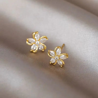 Dainty Flower Stud Earrings for Women Piercing Cartilage Ear Ring Cute Zircon Gold Color Women's Aesthetic Jewelry Gift