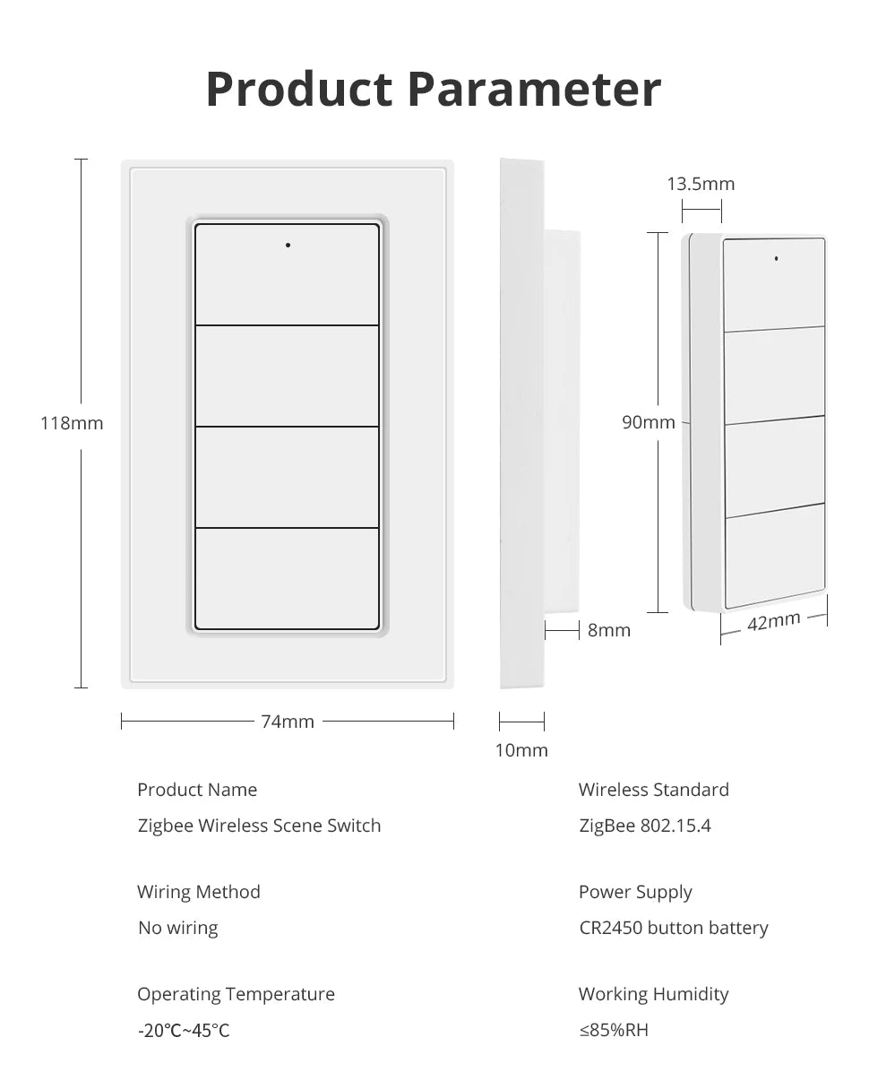 Zemismart 4-Gang Zigbee Wireless Scene Switch,Battery Powered, Compatible with Tuya Home Assistant Homey Hubitat (Hub Required）