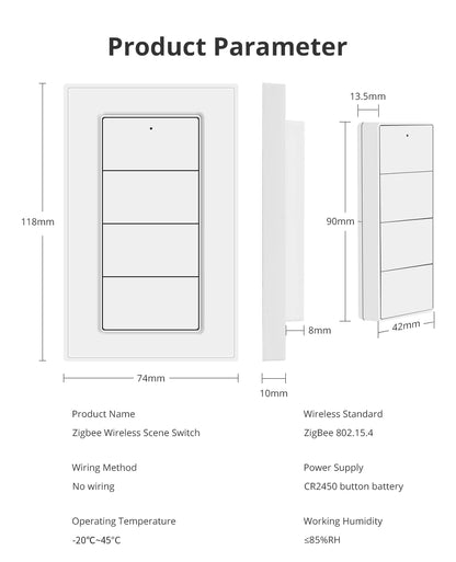 Zemismart 4-Gang Zigbee Wireless Scene Switch,Battery Powered, Compatible with Tuya Home Assistant Homey Hubitat (Hub Required）
