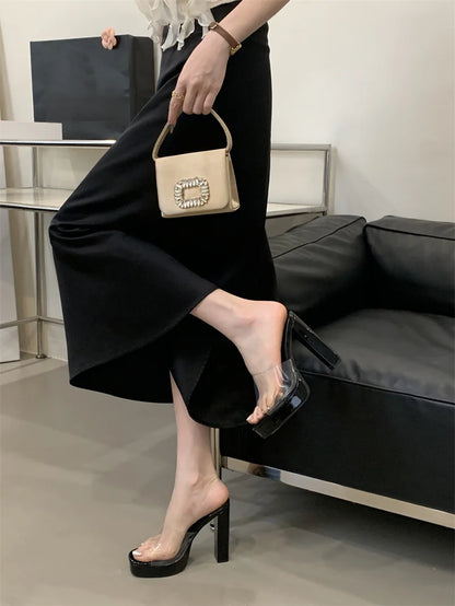 Liyke Summer Square Toe 12CM Thick High Heels Platform Slippers Ladies Chunky Sandals PVC Transparent Shoes Women Zapatos Mujer