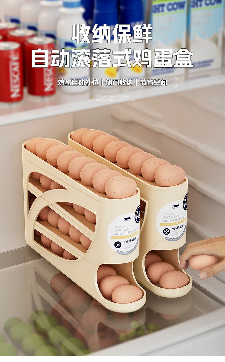 Large Capacity 30 Eggs Holder for Fridge Auto Rolling Egg Organizer, Space-Saving, 4 Tiers Fridge Egg Rack Eggs Dispenser