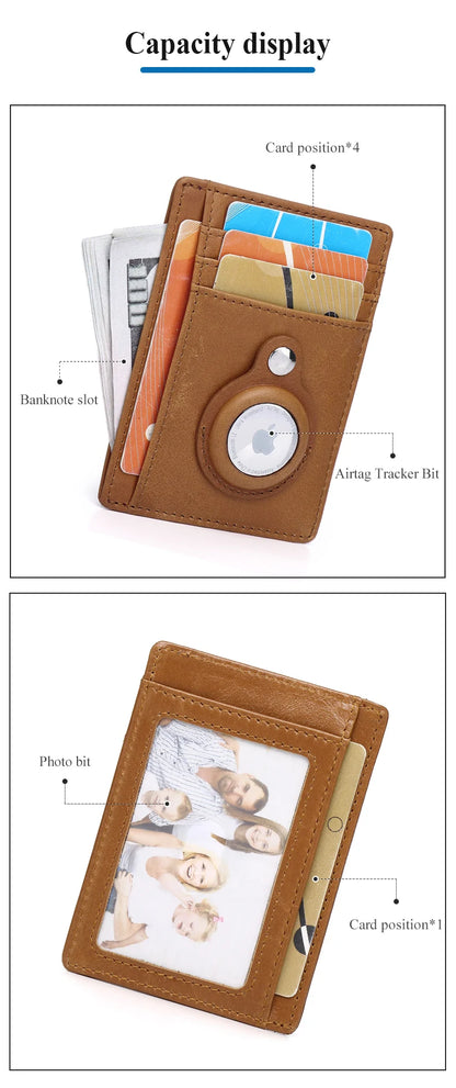 SCHLATUM Genuine Leather RFID Slim Minimalist Card Holder High Quality Apple Airtag Protective Case Men Business Wallet