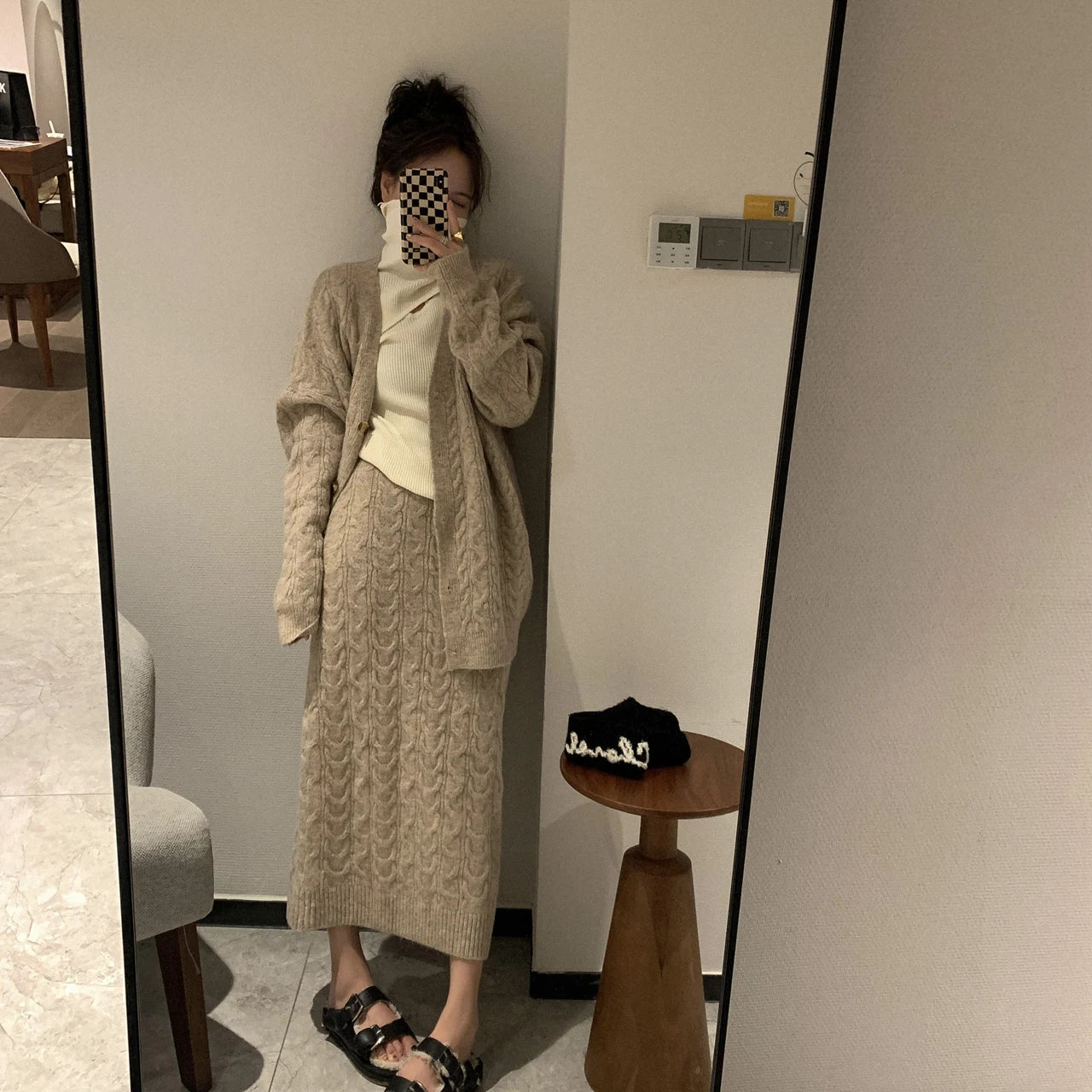 Women Sweater Winter 2 Piece Sets Elegnat Knitted Suits Female Sweaters Vintage Womens Skirt High Waist Autumn Vintage Vestidos