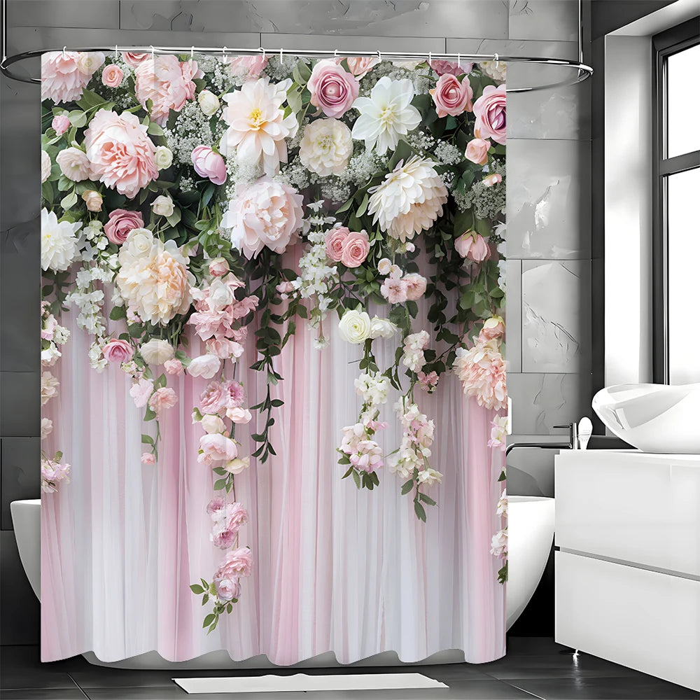 Rose Floral Pink Curtain Shower Curtain, Bathroom Decorative Shower Curtain, Waterproof Shower Curtain with Hooks