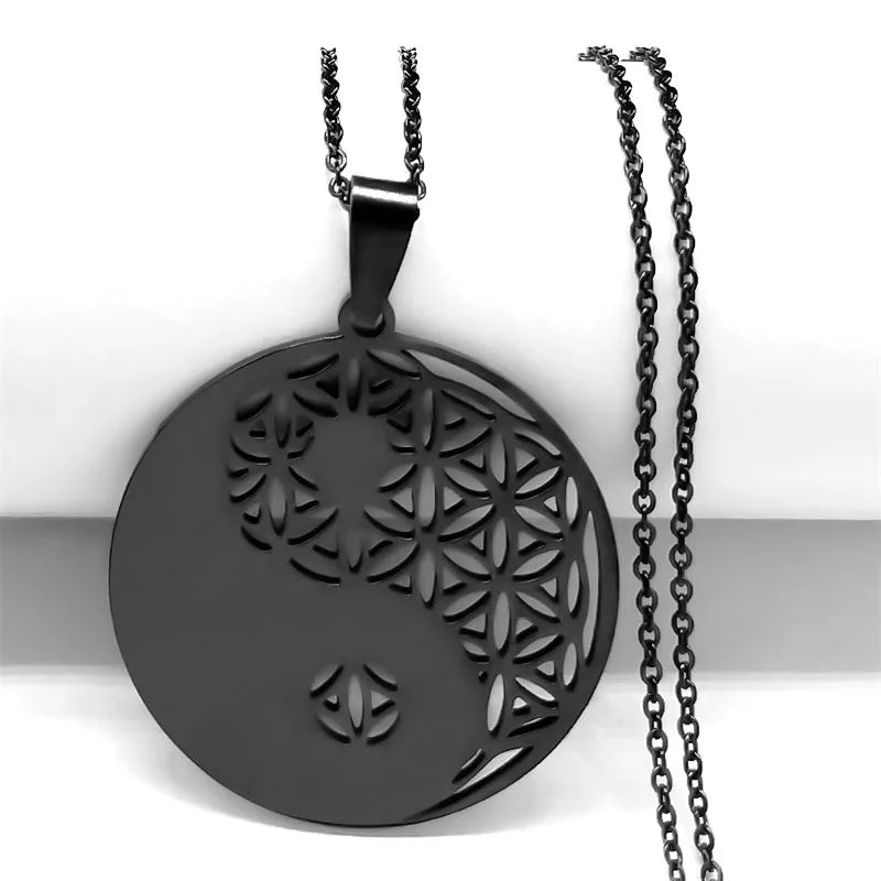 2023 Flower of Life Stainless Steel Mandala Metatron Necklaces Sacred Geometry Long Black Bead Necklace Jewerly flor de la vida